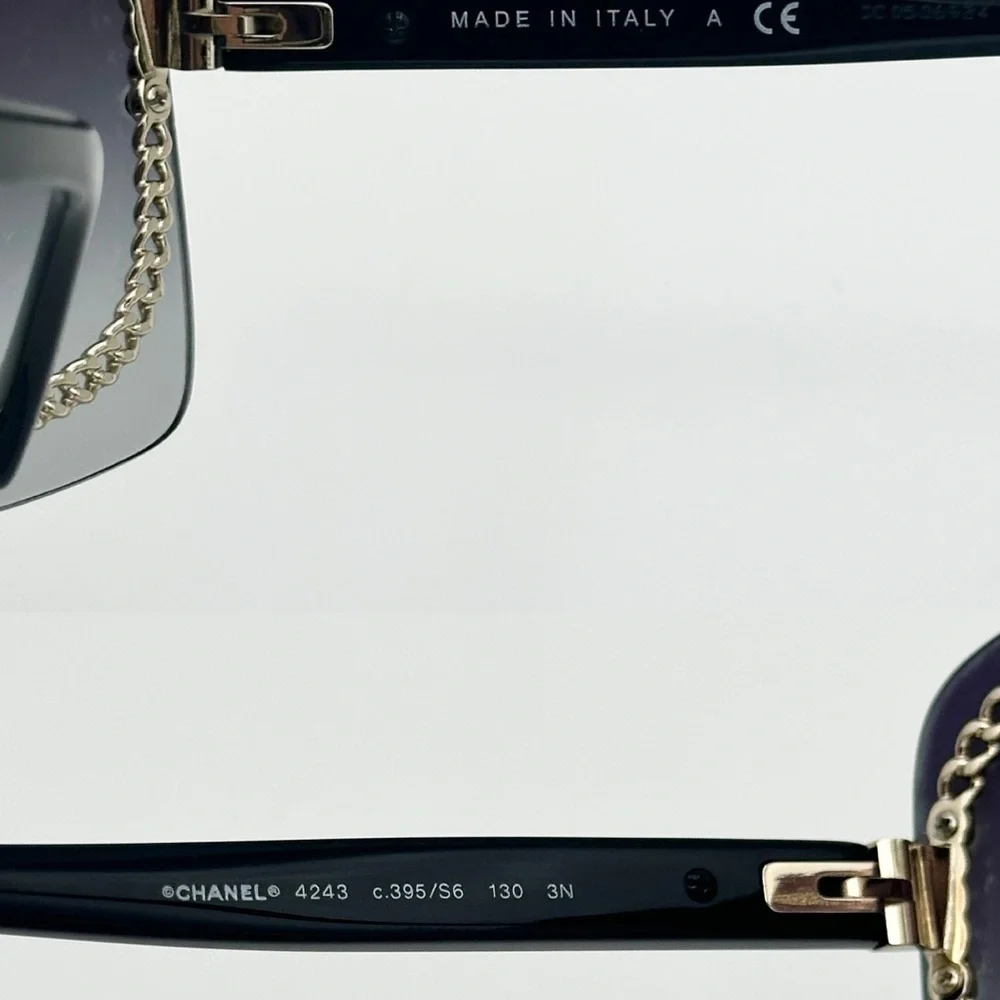 CHANEL Smoke Grey Black Sunglasses Gold Chain Detail Luxury Authentic Designer